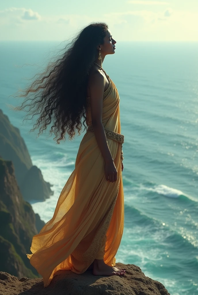 Woman with long curly hair, loose in the wind, contemplating with closed eyes on a cliff facing the sea. indian clothes