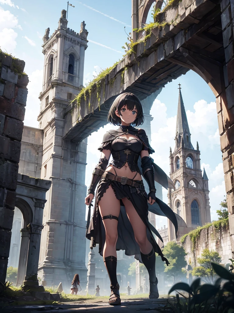 Colossal ancient ruins with a gothic church in the middle. Girl in armor and loincloth, using sword, from a nearby platform.