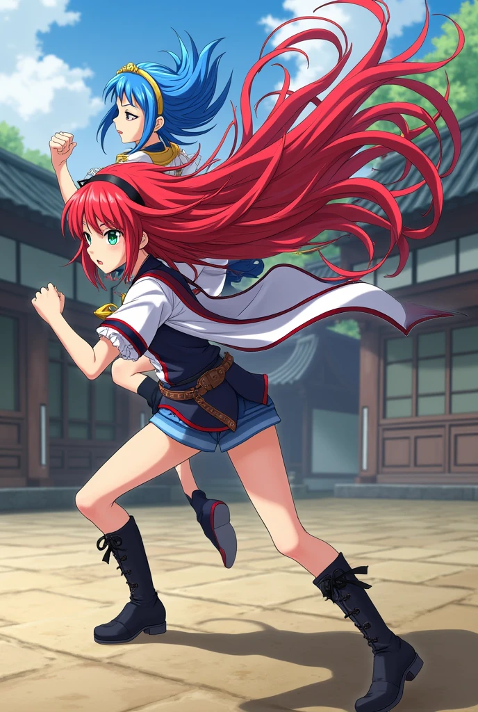 Two girls, Kimetsu no Yaiba, red hair long, Blue Hair Shorts, battle pose, beautyfull art, desing character, details, demon slader, full body, traditional art, anime Kimetsu no Yaiba Nezuko