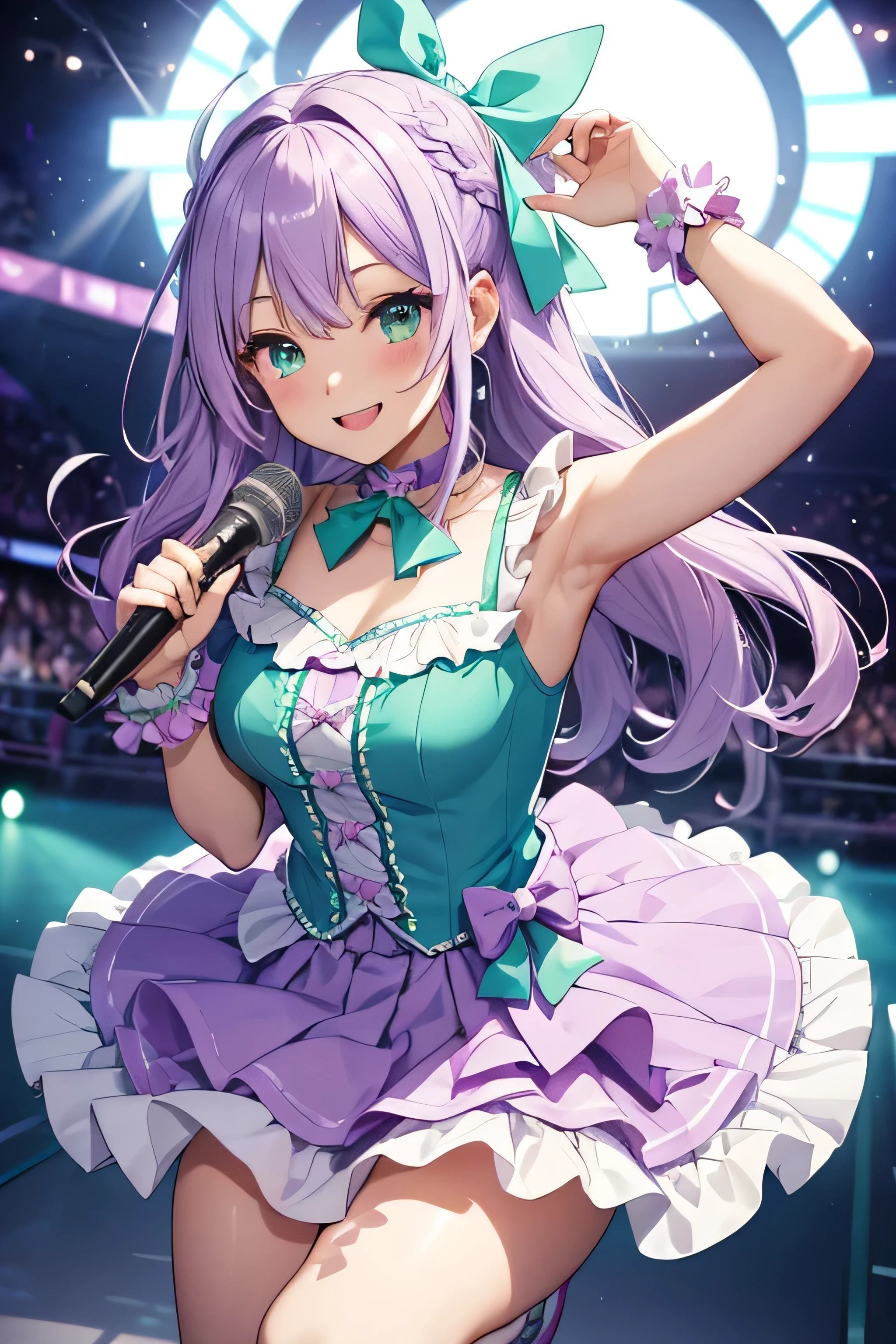 Light purple hair　Green Eyes　Idol Costumes　Live Performance Venues　smile　Tank top style idol dress　Frilly Japanese-style skirt　Turquoise outfit　Light blue ribbon on side of hair　White knee-high　Long Wavy Hair　less muscular　Ribbon choker around the neck　Sing while running　Don&#39;t show your belly button　Wink　Frilly ribbon on the chest　Sparkling　Love Live-like outfit　Small breasts