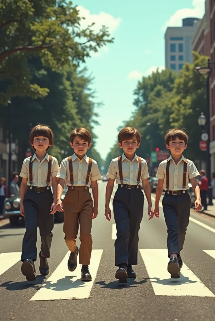 (photorealism:1.2), 4 retro boy walk across street abbey road