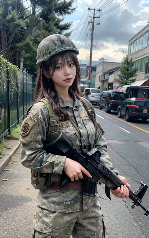 Detailed military clothing in camouflage pattern、Wear a military half helmet、A scene of someone brandishing a huge weapon as tall as himself.、Camera focuses on weapon、The situation is a battlefield in the wilderness、Fighting expression
