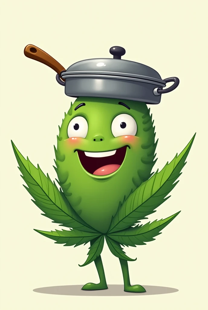 Cartoon style marijuana leaf with a smile on its face and a kitchen pan on its head, crazy boy style
