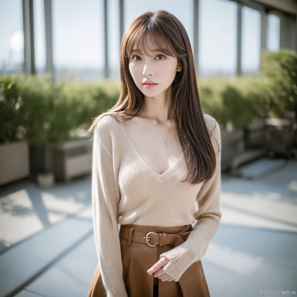 Masterpiece, top-quality, high resolution, Photorealsitic, sharp, Raw photography, 8K wallpaper, flawless, Professional lighting, highly detailed, depth of fields, Pale solid color background, ((one beautiful women, Skinny Japanese mature)), (40 years old), Sexy, Detailed face, beautidful eyes, bangs, small breasts, very thin waist, Light Brown Straight Hair, Faint lips, ((standing at front, Staring at the viewer, serious face eyes.)), Sweaters, skirt, (full-body photo), cowboy shot