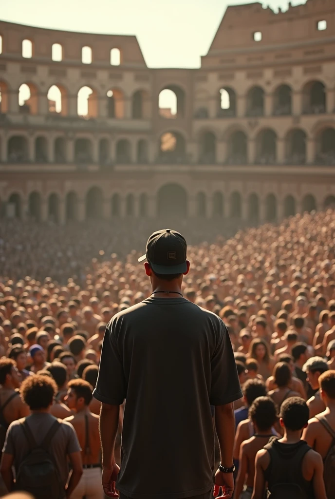 Humble rapper with a cap in the middle of a coliseum speaking to the people