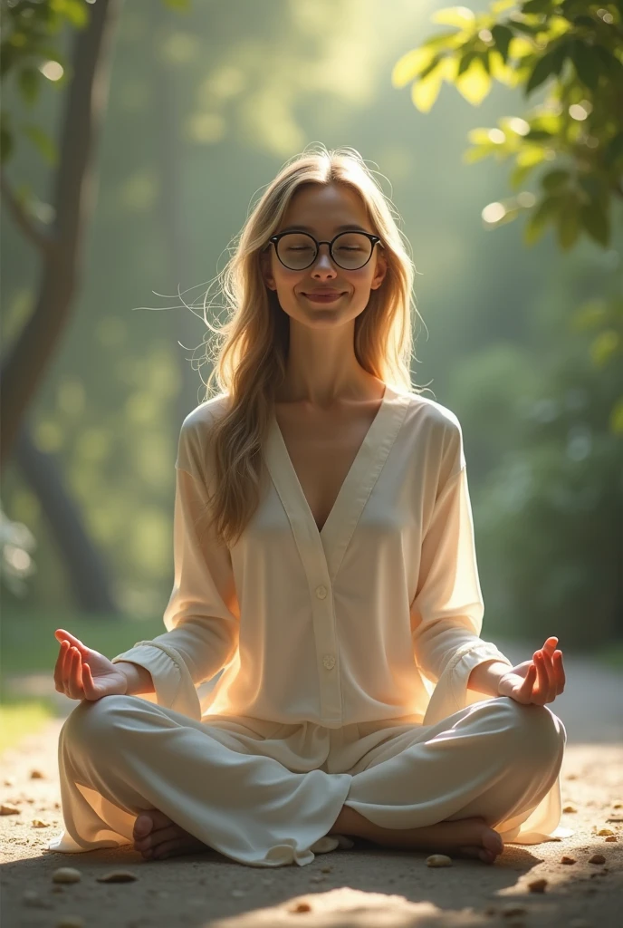 A THIN GIRL DOING MEDITATION QUITELY AND SMILING . FULL SLEAVE AND HAVING GLASSES 