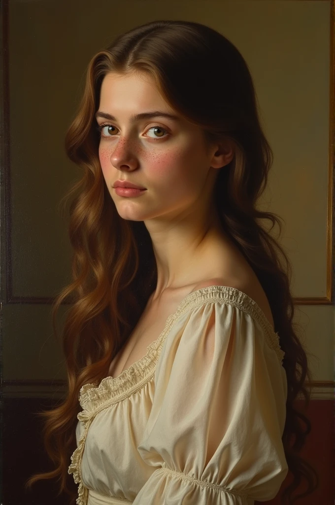 19th century painting of a beautiful young lady with long brown hair and freckles
