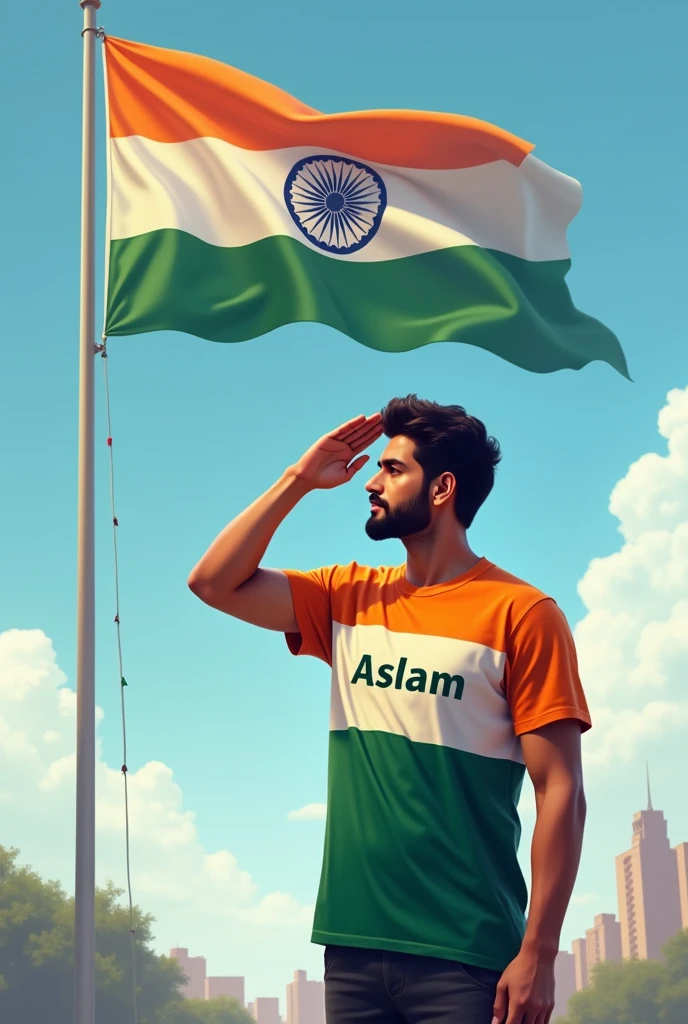 Soluting indian flag with tricolour t shirt named Aslam