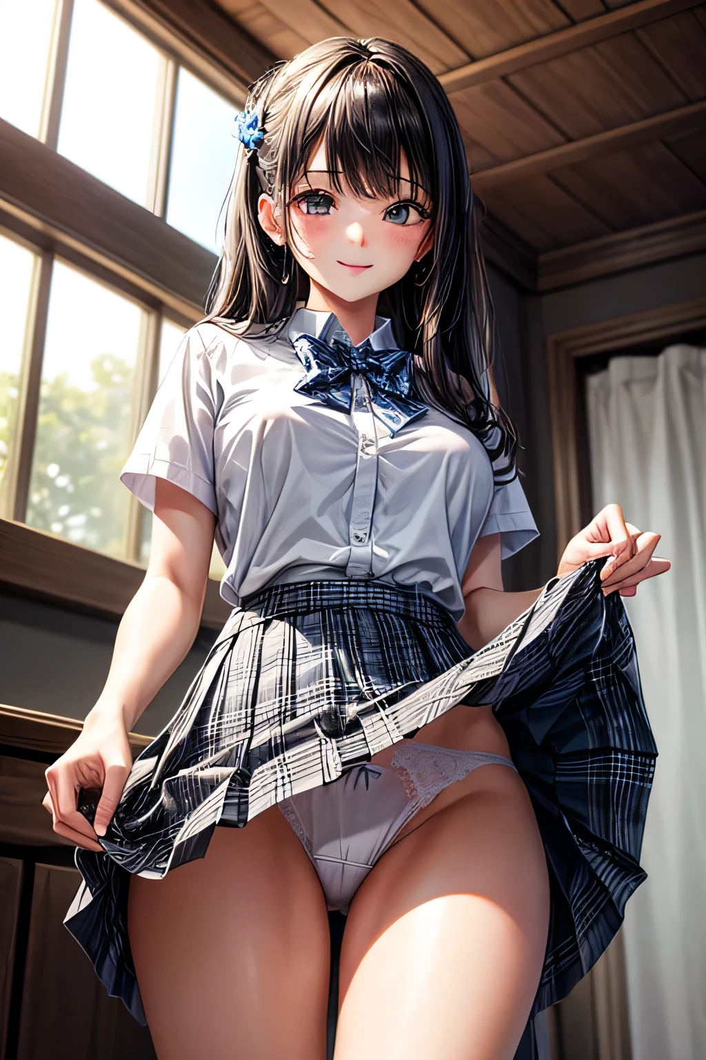 (masterpiece, best quality,ultra-detailed),nsfw,(cute and beautiful girl),beautiful face, beautiful detailed eyes,collared short sleeve shirt, white shirt, school uniform, grey plaid pleated skirt, blue plaid bow tie,(skirt lift:1.4),BREAK,(white panties:1.2),(panty shot),BREAK,black hair,stand,cowboy shot,from below,shy smile