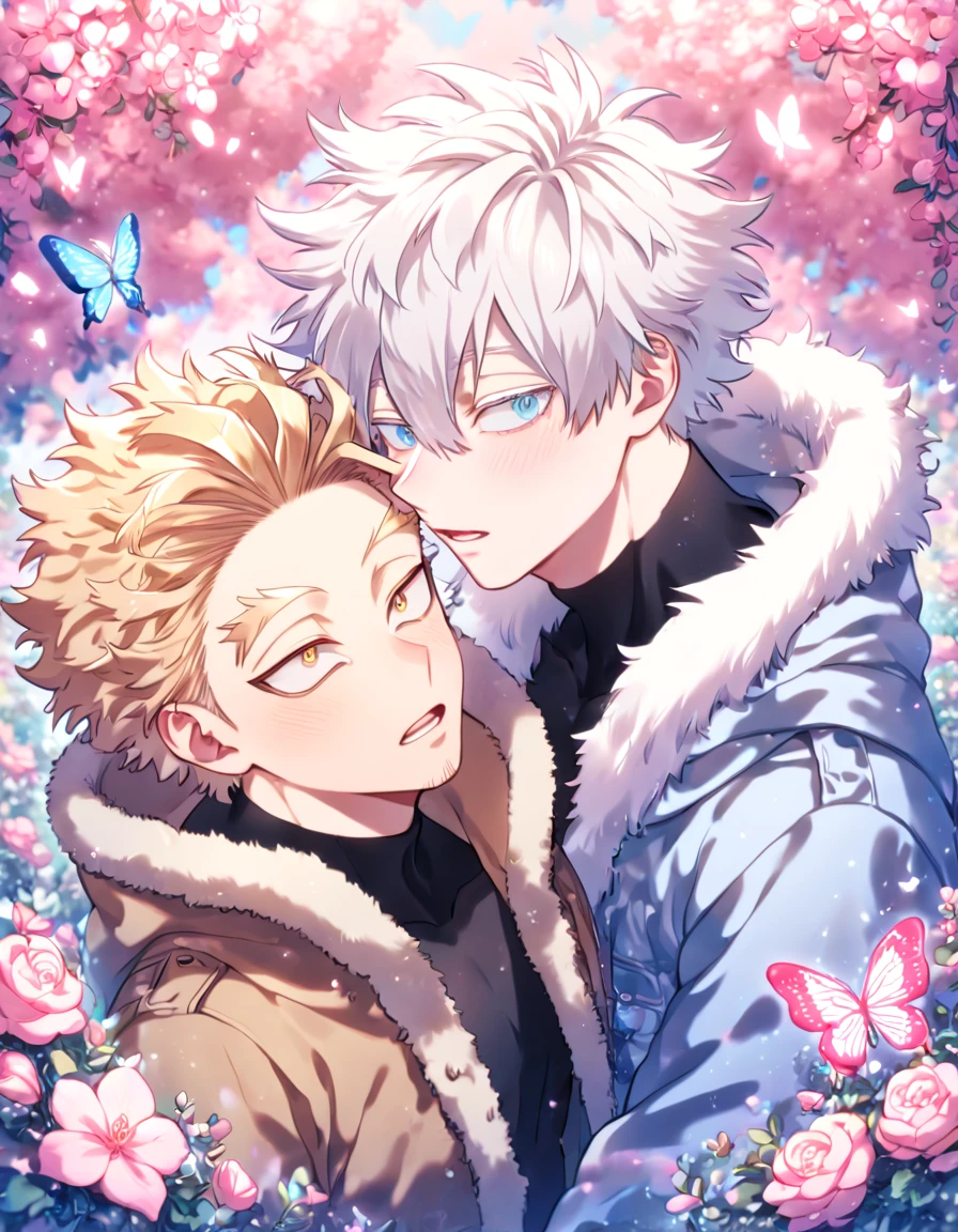 absurdres, highres, ultra detailed, HDR, master piece, best quality, extremely detailed face, delicated features, Hawks, ash-blonde hair, expressive golden brown eyes, Boku No Hero Academia, Gojou Satoru, white hair, expressive blue eyes, white eyelashes, two sexy men together, yaoi, gay couple, handsome, light-blue coat with fur collar, brown coat with fur collar, black tight shirt with patterns, fantasy, magical, pink butterflies, spring, pink leaves, pink flowers, water, garden