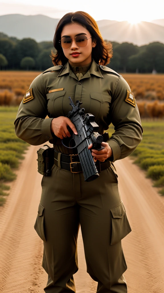 Realistic Malay cute girl holding a automatic rifle and aiming to shoot , fair and glossy skin, muscular body, Blackhair, Sun glasses, wearing military uniform, with a battlefield background, in 1942s