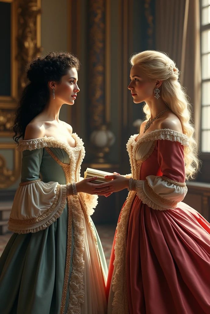 The woman with curly black hair and white skin hands a stack of letters to a tall woman with blonde hair., straight and long and has blue eyes. They are both dressed in long, expensive dresses from the 1800s.. in a mansion