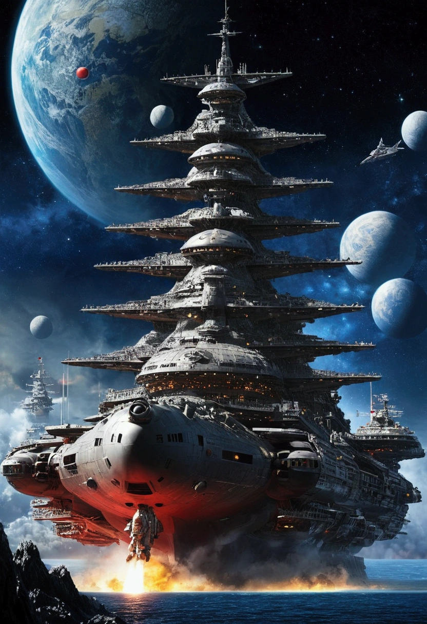 [Space Battleship Yamato moves through fantastic space. Landscape