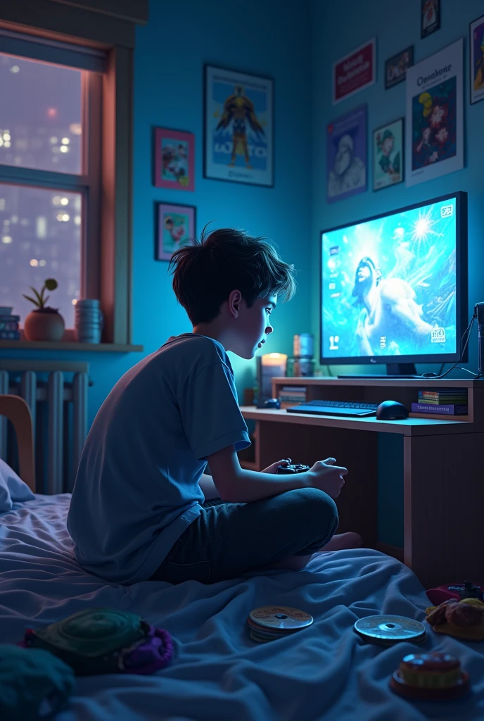 age boy playing video games in his room