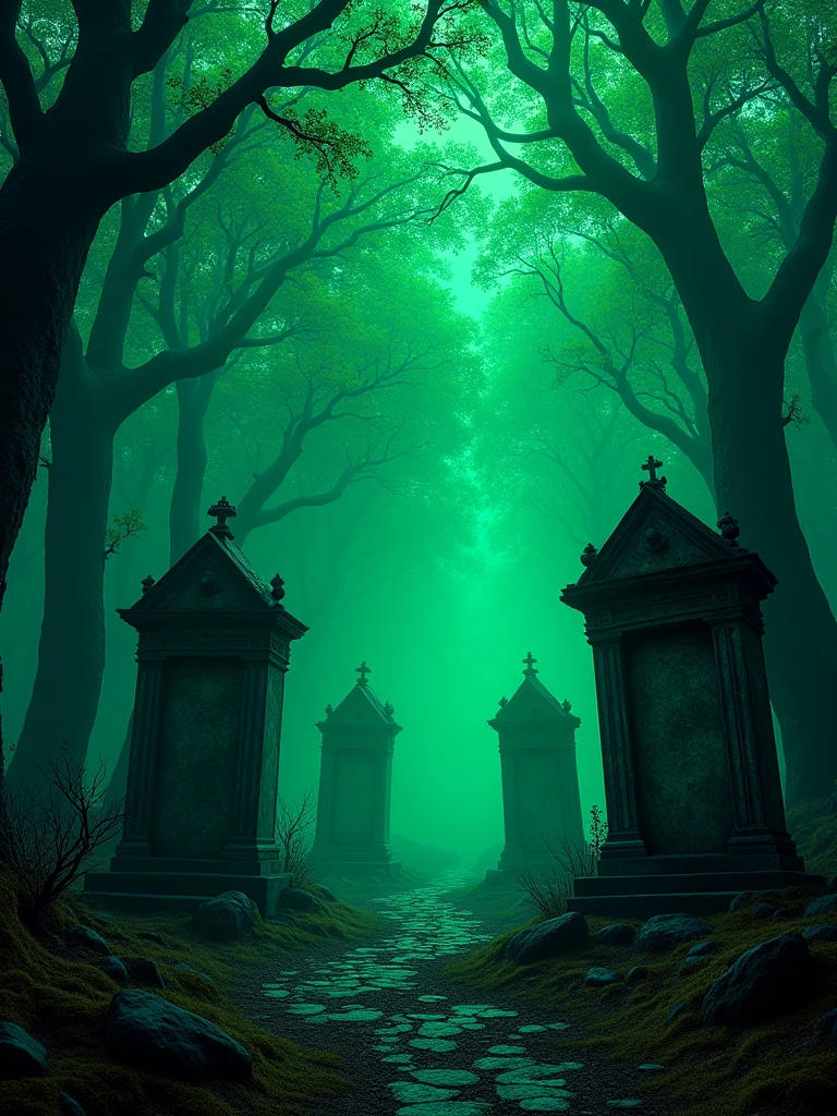 imagine a dark place with dark neon colors, this place is a forest with tombs, the colors are dark and light neon green