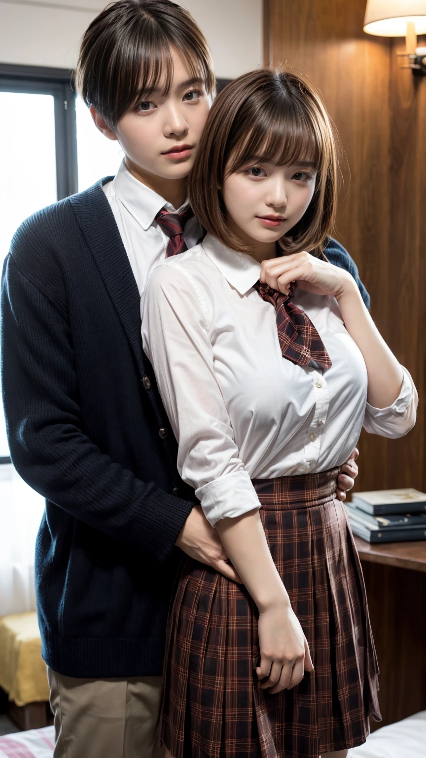 1 school girl being hugged from back by 1 man:1.2,close to each other:1.1), (man's hand touching her breast:1.1),very cute face,bob cut,School uniform,embarrassed,hotel room,perfect anatomy, masterpiece, best quality,8k,perfect face,from front,upper body