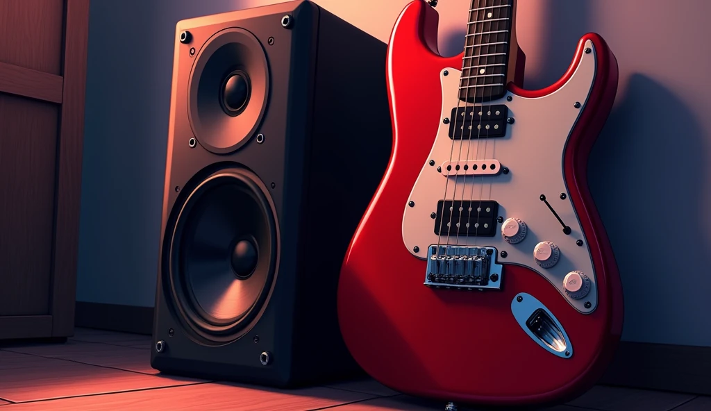 white　Emotional　computer　speaker　An all-red, two-humbucker, pickguard-less electric guitar leaning against a wall　Desktop Music　night　An illustration　Anime Style　Close-up wide-angle shot of an electric guitar, 