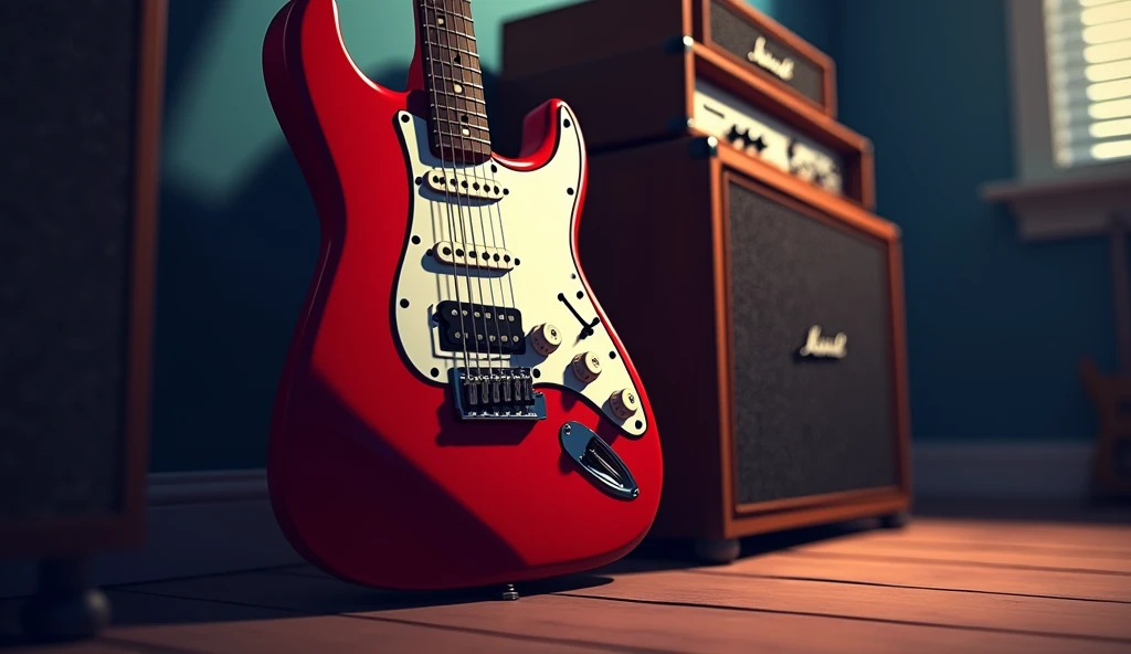 white　Emotional　computer　speaker　An all-red, two-humbucker, pickguard-less electric guitar leaning against a wall　Desktop Music　night　An illustration　Anime Style　Close-up wide-angle shot of an electric guitar, 