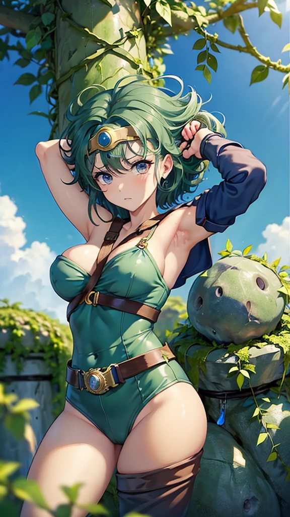（（（ＳＦＷ、sound、Highest quality、Top notch work、Normal body、、Detailed face、Ultra-precision、normal hand、Normal refer、５refer、Highest）））、beautiful girl、Black Hair、yamato nadeshiko、Small breasts、Shortcuts、Blue leotard、Shoulder Off、Red Cape、Circlet、Dragon Quest、forest、(((stone punishment,His hands are tied with vines、Both legs are tied with vines:1.2)))