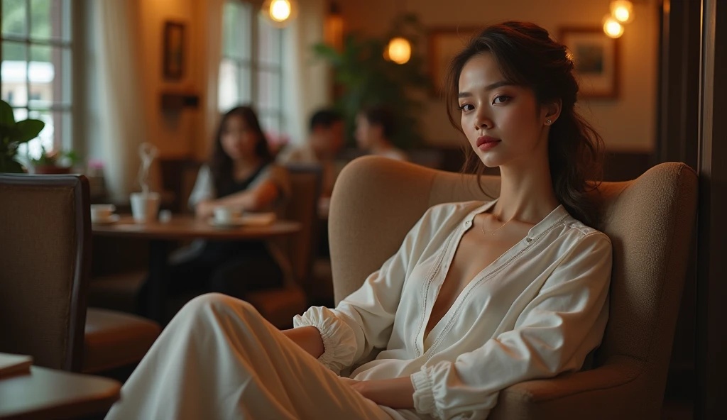 Beautiful woman relaxing in a café, Warm and cozy atmosphere,