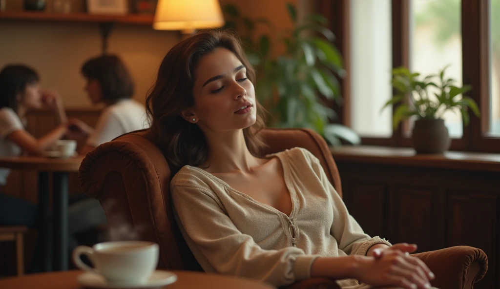 Beautiful woman relaxing in a café, Warm and cozy atmosphere,