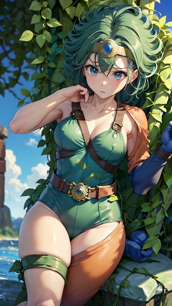 (((SFW、sound、Highest quality、Top notch work、Normal body、、Detailed face、Ultra-precision、normal hand、Normal refer、5refer、Highest)))、beautiful girl、Black Hair、yamato nadeshiko、Small breasts、Shortcuts、Blue leotard、Shoulder Off、Red Cape、Circlet、Dragon Quest、forest、(((stone punishment,His hands are tied with vines、Both legs are tied with vines:1.2)))