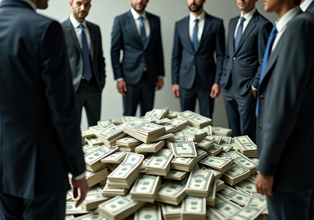 there are people in suits around a pile of money 