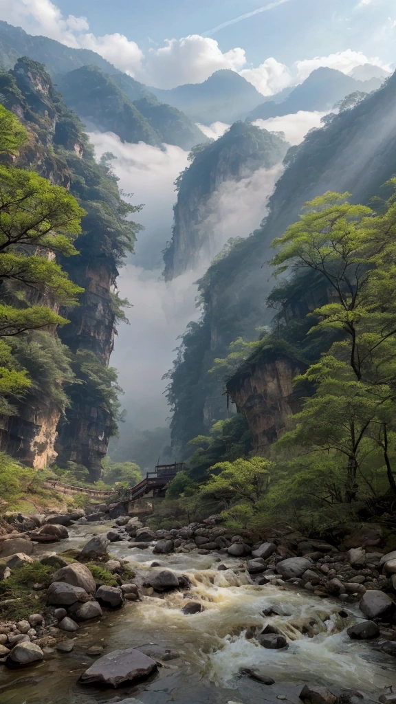 Taking photos in the creek，The stream is clear and flowing，Like the mountains in Zhangjiajie，Mountain tops shrouded in mist，Looming，Sunlight on the mountains，Like a Chinese ink painting，Clear tones
