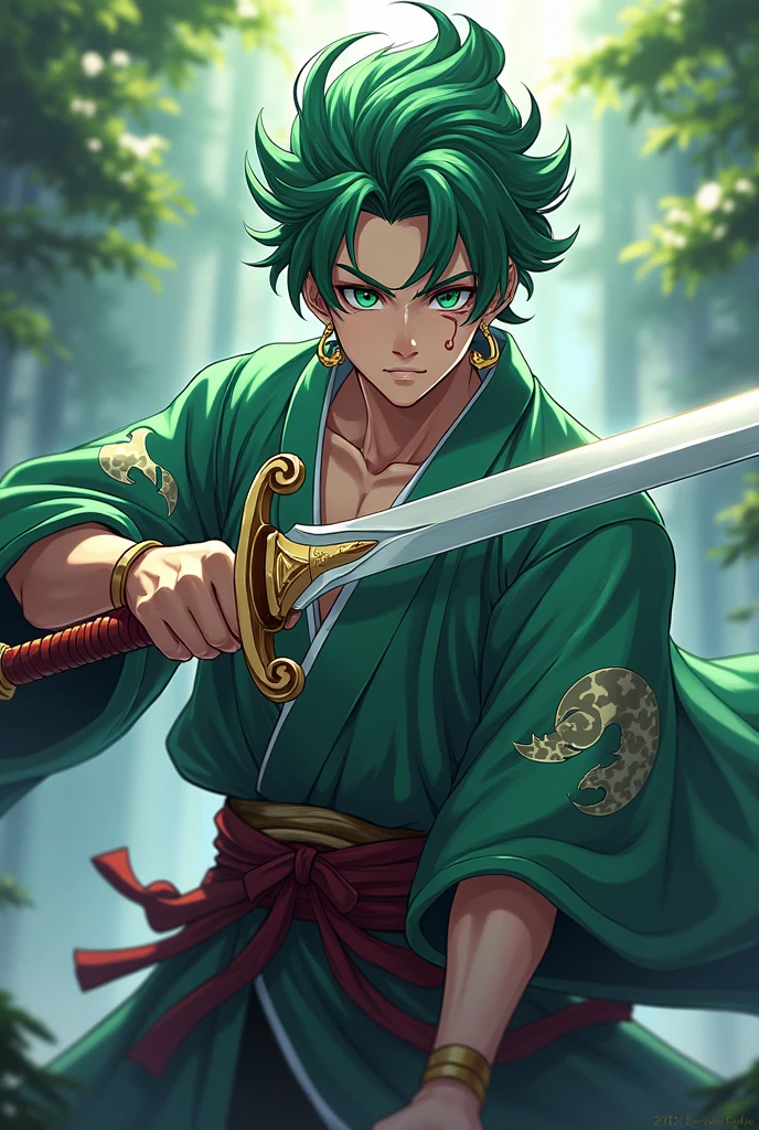 Character Mobile legend with green hair with scar on left eye, swords legendarias (unearth),kimono,Japanese,espadas legendarias Japaneseas,3 gold earrings,( Argus ), mobile legend, HD Illustrations, Handsome boy in Demon Slayer art, Badass Anime 8K, Art by Kentaro Miura, Okab Rintarou, pixiv, advanced digital anime art ”, High quality fanart, Fan Art, from Shitao, Kakyoin