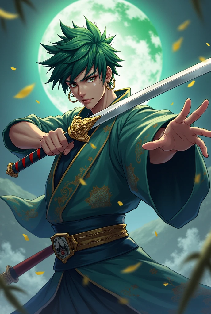 Character Mobile legend with green hair with scar on left eye, swords legendarias (unearth),kimono,Japanese,espadas legendarias Japaneseas,3 gold earrings,( Argus ), mobile legend, HD Illustrations, Handsome boy in Demon Slayer art, Badass Anime 8K, Art by Kentaro Miura, Okab Rintarou, pixiv, advanced digital anime art ”, High quality fanart, Fan Art, from Shitao, Kakyoin