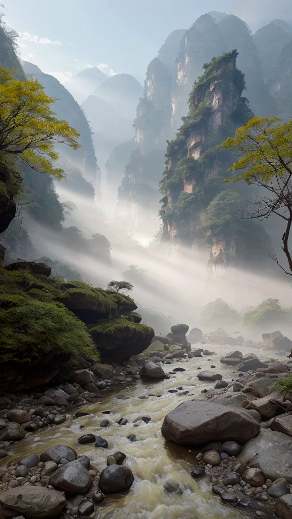 Taking photos in the creek，The stream is clear and flowing，Like the mountains in Zhangjiajie，Mountain tops shrouded in mist，Looming，Sunlight on the mountains，Like a Chinese ink painting，Clear tones
