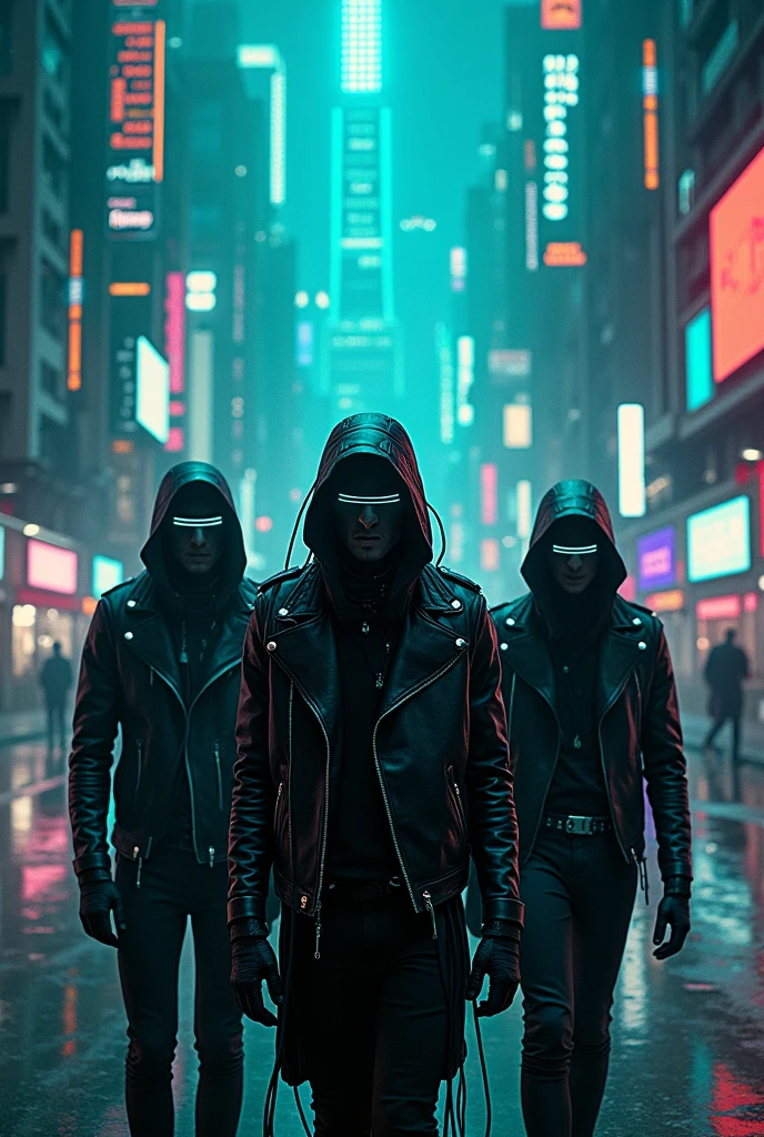 On the poster, A futuristic city shrouded in shadows stretches to the horizon, where huge skyscrapers of glass and metal cut the night sky. Neon lights in shades of turquoise and purple flicker, casting its glow over the empty, wet streets. In the middle, The band&#39;s name appears in angular, fragmented letters, with a digital glitch effect that gives the impression that it is being transmitted through a faulty screen. The band members are in front, with their faces partially covered by luminous visors, and dressed in black leather and shiny cyber implant details. Around them, Wires and circuits seem to come out of nowhere, connecting them to the city itself, while the turquoise lights highlight their figures in a dramatic way.