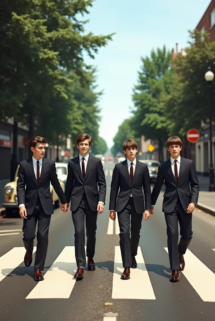 (photorealism:1.2), 4 retro boy . street abbey road . beatle look like