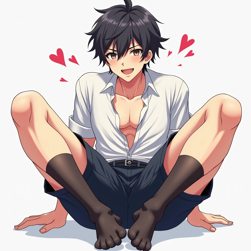 a anime guy, a 25 years old male, wearing school uniform, showing his smelly feet in black sheer socks to the camera