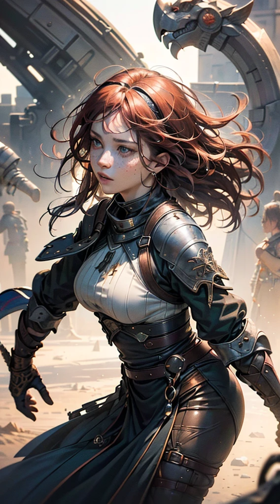 Detailed face features:1.3), (((mature woman))), standing wearing a flowing long dress, holding a sword, (face close-up photo, 16k, masterpiece, best quality: 1.2), (high detailed skin), (red short curly hair), ((brown eyes, freckles, detailed lips)), slim, automatic white balance, (ultra realism, hyper detailed and intricate realism: 1.3), (wide depth of field, radiant mapping: 1.2), High dynamic range, vivid, rich details, clear shadows and highlights, realistic, intense, enhanced contrast, Focus on the character, chaotic epic background, blur background, hiper realistic, close up