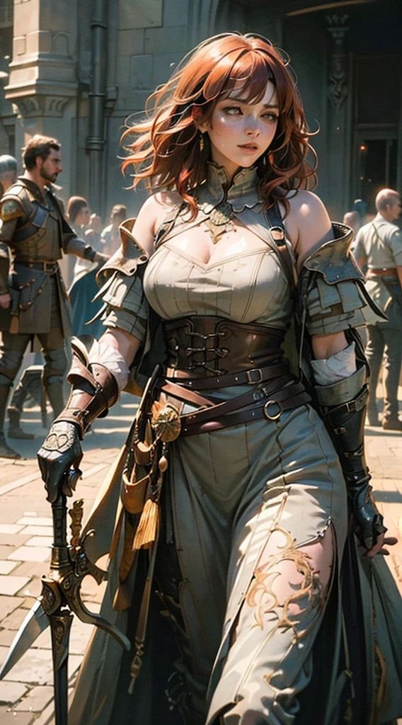 Detailed face features:1.3), (((mature woman))), standing wearing a flowing long dress, holding a sword, (face close-up photo, 16k, masterpiece, best quality: 1.2), (high detailed skin), (red short curly hair), ((brown eyes, freckles, detailed lips)), slim, automatic white balance, (ultra realism, hyper detailed and intricate realism: 1.3), (wide depth of field, radiant mapping: 1.2), High dynamic range, vivid, rich details, clear shadows and highlights, realistic, intense, enhanced contrast, Focus on the character, chaotic epic background, blur background, hiper realistic, close up