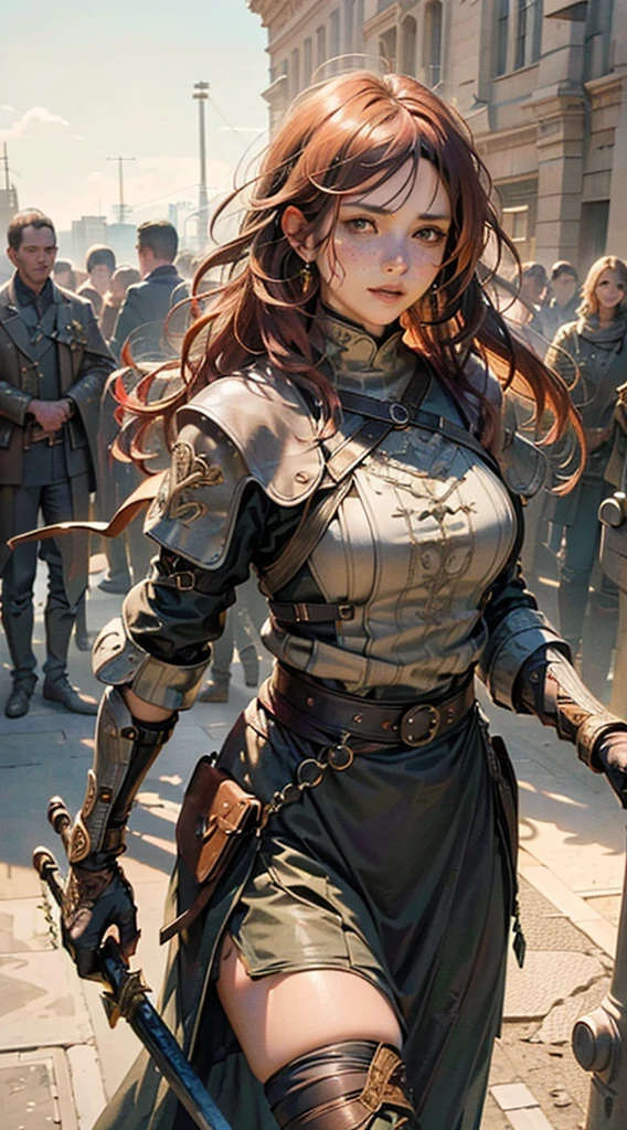 Detailed face features:1.3), (((mature woman))), standing wearing a flowing long dress, holding a sword, (face close-up photo, 16k, masterpiece, best quality: 1.2), (high detailed skin), (red short curly hair), ((brown eyes, freckles, detailed lips)), slim, automatic white balance, (ultra realism, hyper detailed and intricate realism: 1.3), (wide depth of field, radiant mapping: 1.2), High dynamic range, vivid, rich details, clear shadows and highlights, realistic, intense, enhanced contrast, Focus on the character, chaotic epic background, blur background, hiper realistic, close up