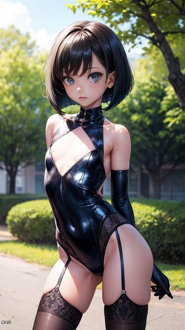 best quality,masterpiece,8K,1 Girl,((((((10 years old)))))),Sexual red, Sweat,breathe_Local,(Change,,Bob Cut,flat chest, short hair,curls:1.5),Black Hair,Long hair,black Tights,black thighhighs,garter_Shoulder Straps,Black elbow_Gloves,Green gemstones,High Legs_Tights,thigh_boots,Cover the navel,Stand and split legs