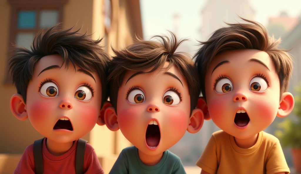 3 kids facing the camera with a surprised, incredulous, Pixar-style expression