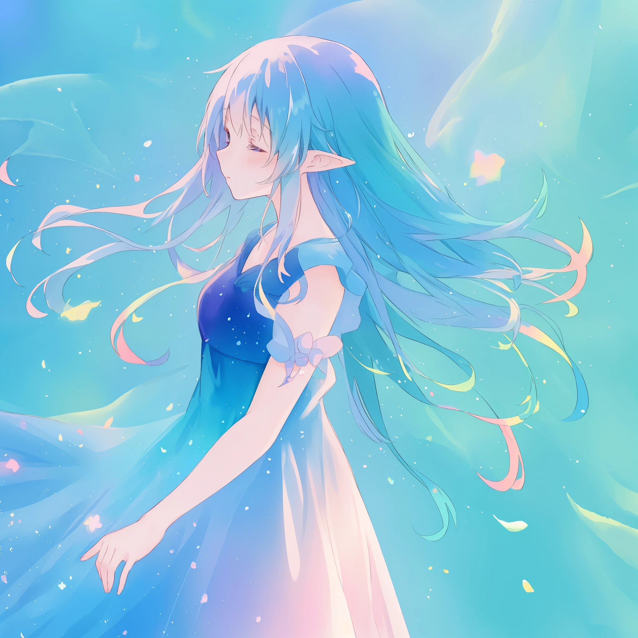 profile, beautiful anime girl in colorful liquid dress, vibrant pastel colors, (colorful), long sparkling blue gradient hair, fantasia background, whimsical, magical, fantasy, ((masterpiece, best quality)), intricate details, highly detailed, sharp focus, 8k resolution, liquid watercolor