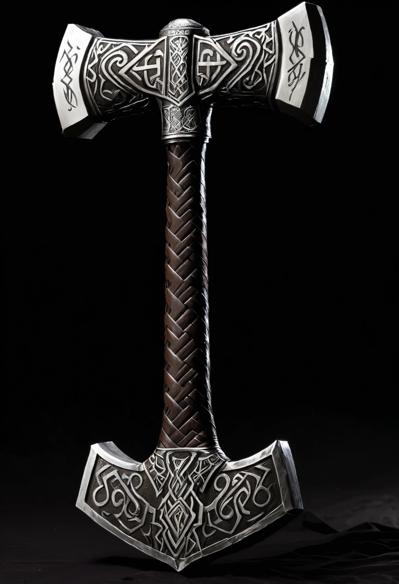 (((best quality))),(((ultra detailed))),(((masterpiece))),illustration,(gigantic Thor's Axe:1.3), Mjolnir, Norse mythology, God of Thunder, intricate runic inscriptions, vibrant silver color, intertwined snakes, magical powers, immense size, loud sound, thunderous boom, strength, power, natural force