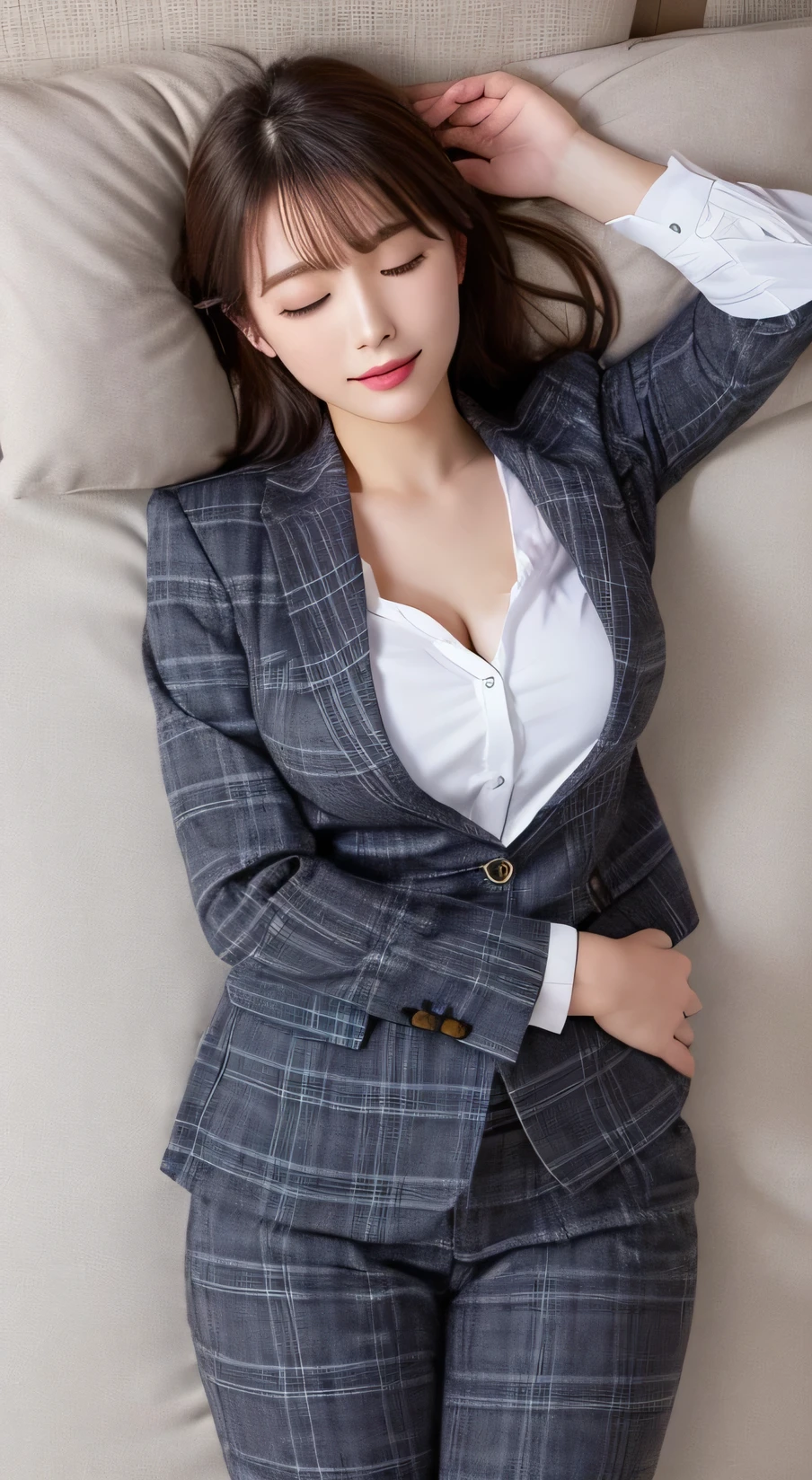 Highest quality, figure, Very detailed, In detail, High resolution, smile、Beautiful girl、Casual checked business suit、Large Breasts、The chest was wide open、(Sleep on your back:1.5)、Office Background