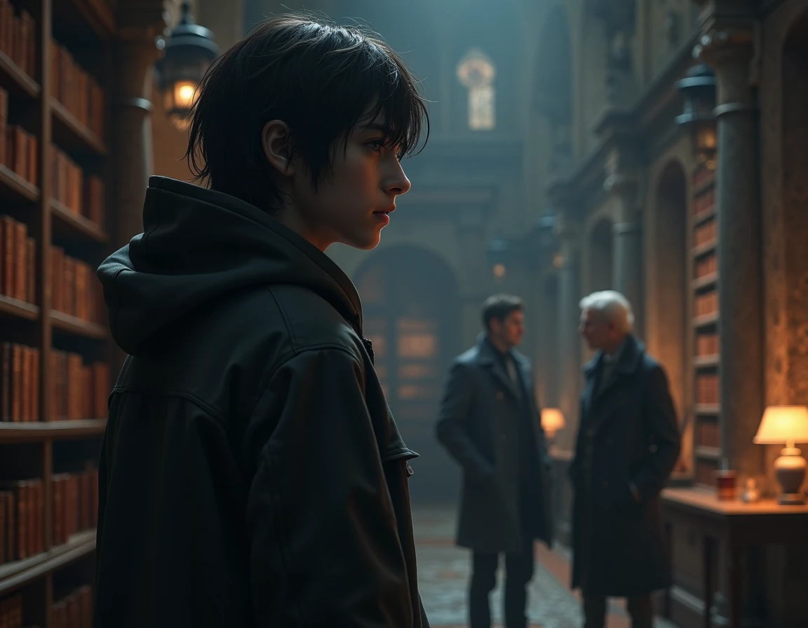 , (highest quallity、tabletop、8k、best quality image、Hyper-Realism) male teenager, belo male teenager, wearing a hooded coat on his head, detailded, long hair, looking at two men, Grieving, in a library