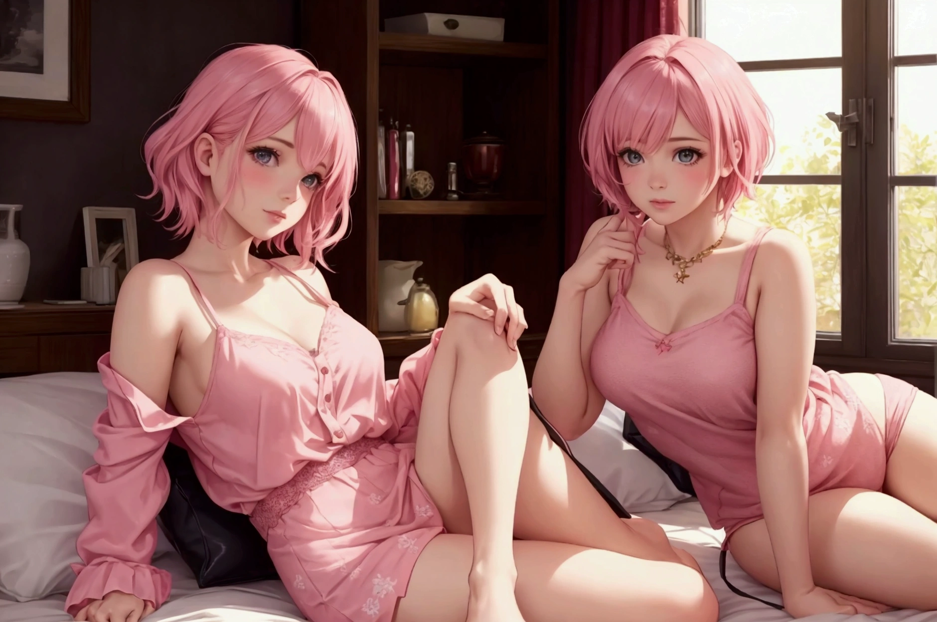 photo realistic, a beautiful girl with short, pink hair.