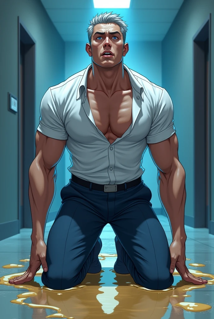 Gentleman asian,tight chest muscles, super tight shirt, super tight pants, bulging crotch,wet body, Transparent see through white shirt, pull off shirt,（1 Adult male），A high resolution， Sharp focus， Pixiv masterpiece， （（Complicated details））， highly  detailed，Multi-view upper body，Suit pants view， 1 man，is shy，Pee on the legs，pissing，Urine runs down the thighs，embarressed，exhilarated，is shocked，panicking，worry，A small puddle of their own urine forms around the feet，kneels on the ground，Very eager to pee，It's uncomfortable，Wet yourself，Urine discharge， Sweaty crotch，Drenched，rain，The shirt is soaked，（A gesture of pleading），blue color eyes（eyes glowing）， Short gray hair，white  shirt，Wear a tie，Wear a belt，Black suit trousers，perspire，look from down