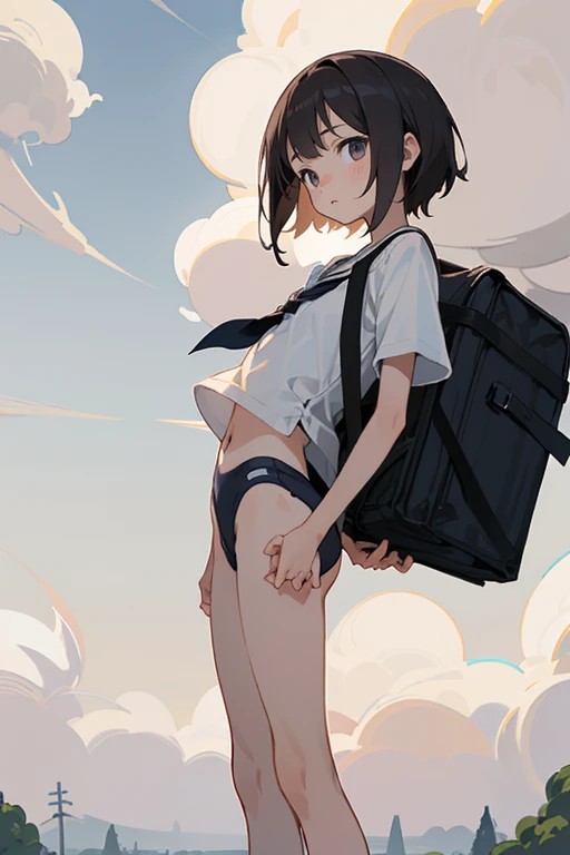 Girl Standing In Schoolyard, sirrus clouds floating in the summer sky, (Navy School Swimsuit:1.1), (wearing a sailor shirt), Big eyes, Droopy eyes, school bag, 13 years old, (Very slim:1.4), (Very small ass:1.4), exposed nipple Thin thighs, knees, Brown eyes, Short hair tied low, skirt lifting, showing pussy line
