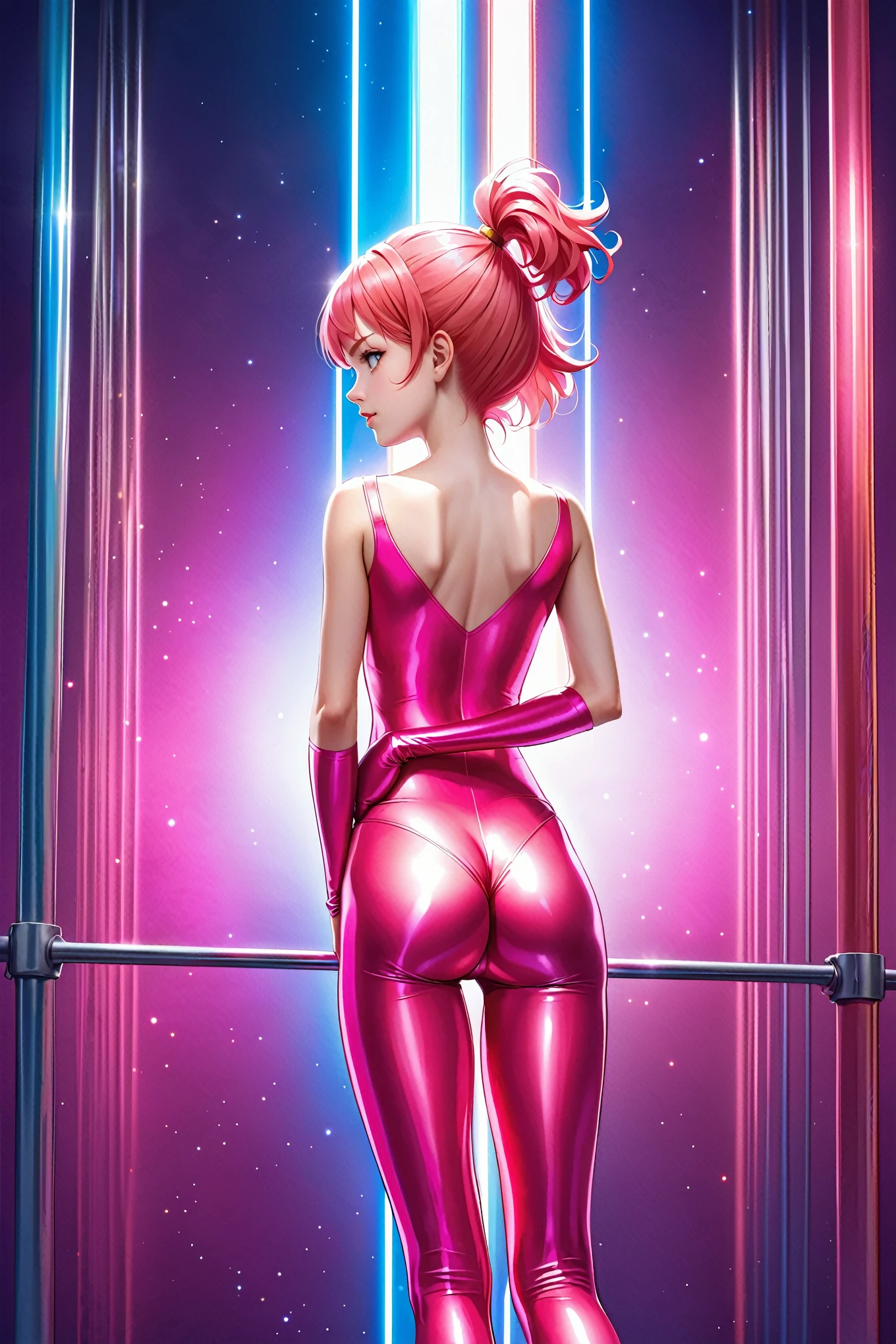 (Extremely detailed 8k unity CG wallpaper), (American teen, beautiful face), (bright salmon pink hair), ((shiny gymnastics clown)), ((standing in front of uneven bars)), with back turned, hands on waist, sighing, bright and intense lights