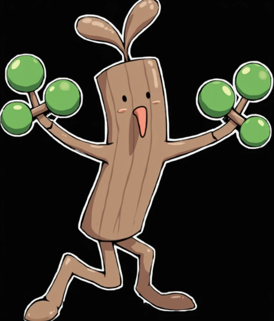 Usopp、Pokémon、Pokémonに似たもの、Hands are green、Has three green maracas、Wooden character、Short legs、Illustrated style