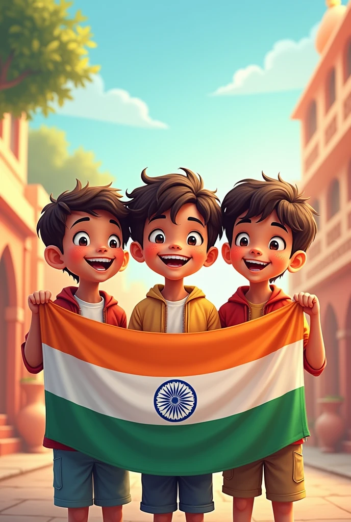 Three cute boy with Indian flag