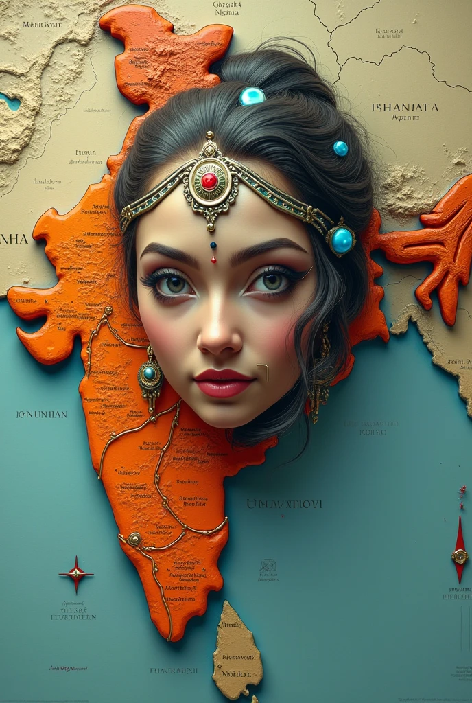 India map with bharatha maadha's face and Indian robotic face in india map